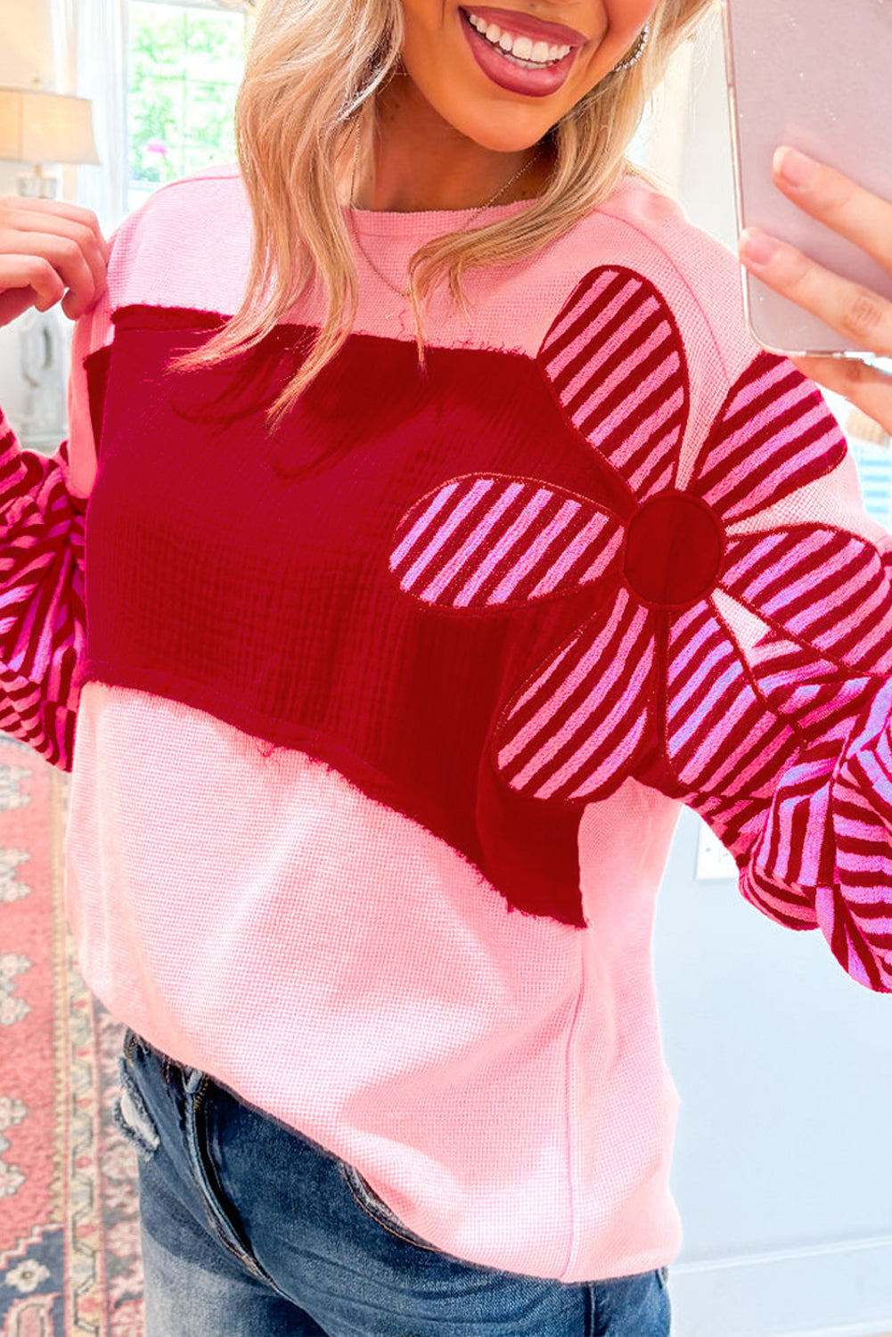 Haut femme floral, rayé, colorblock — rose