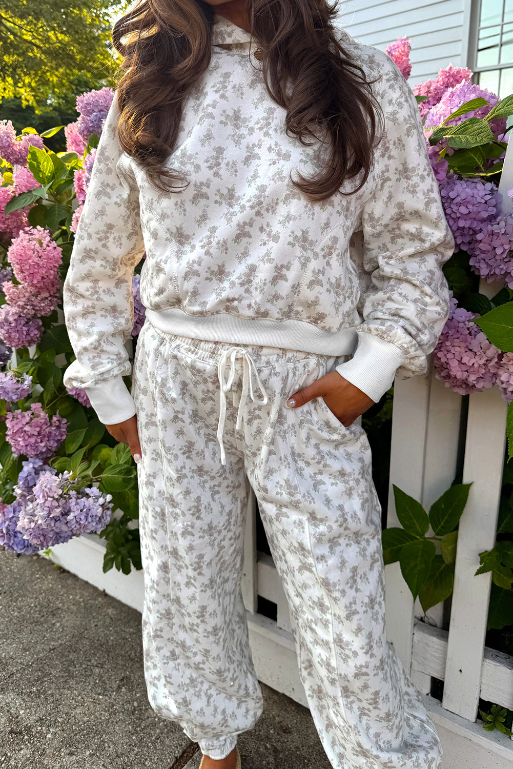 Pantalon femme floral, à cordon, à capuche, casual — blanc