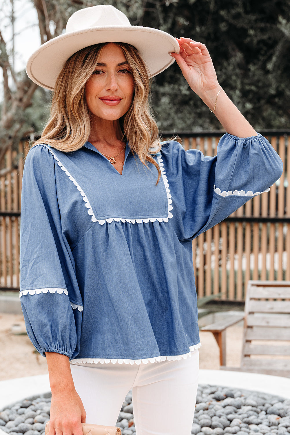 Blouse femme manches bouffantes — bleu