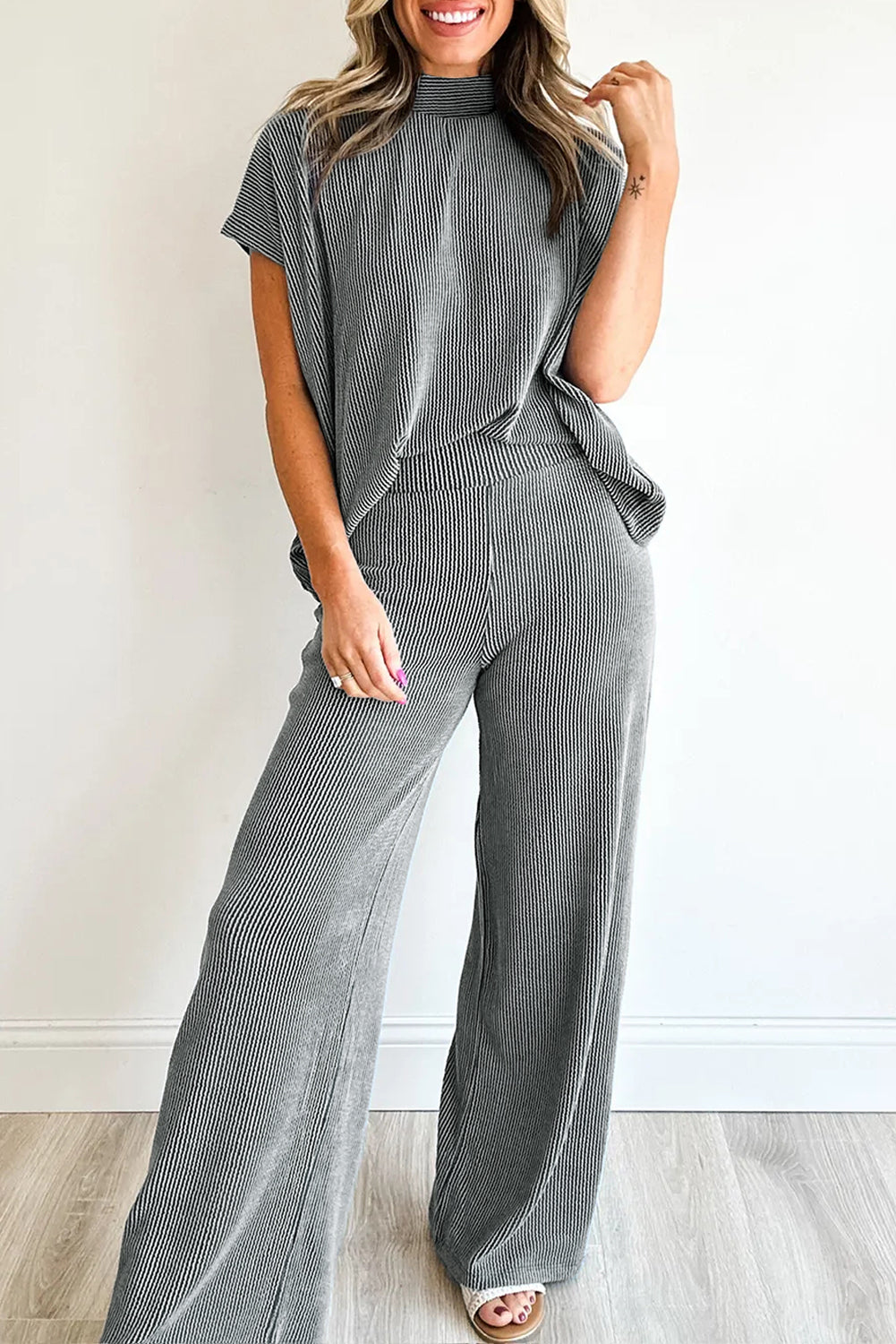 Pantalon femme col montant, taille haute, ample, côtelé — gris foncé-P2011