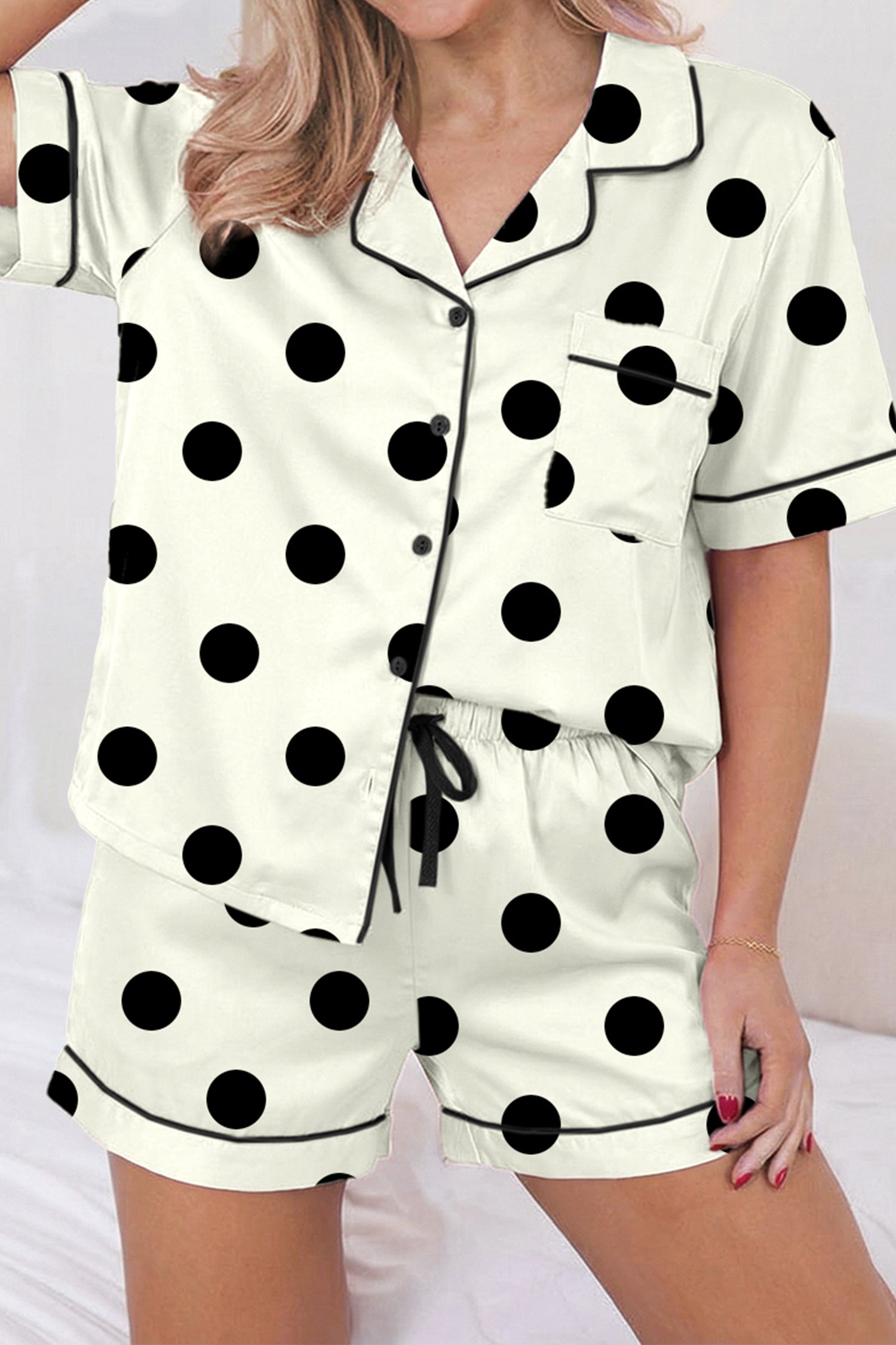 Ensemble femme pois, à cordon — beige