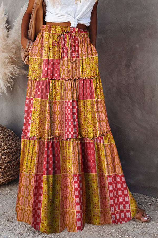 Jupe femme à étages, poches, maxi — orange