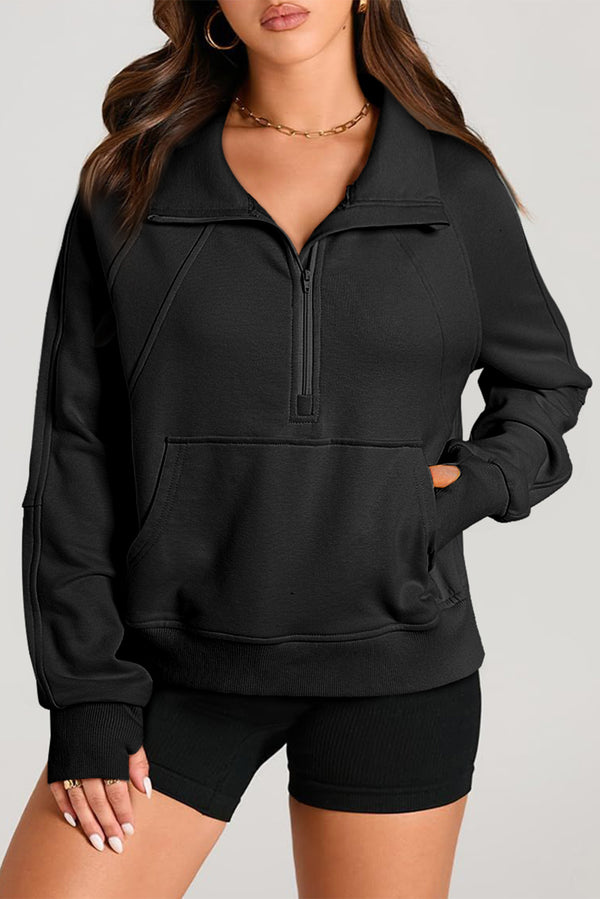 Sweat femme zip, poches — noir