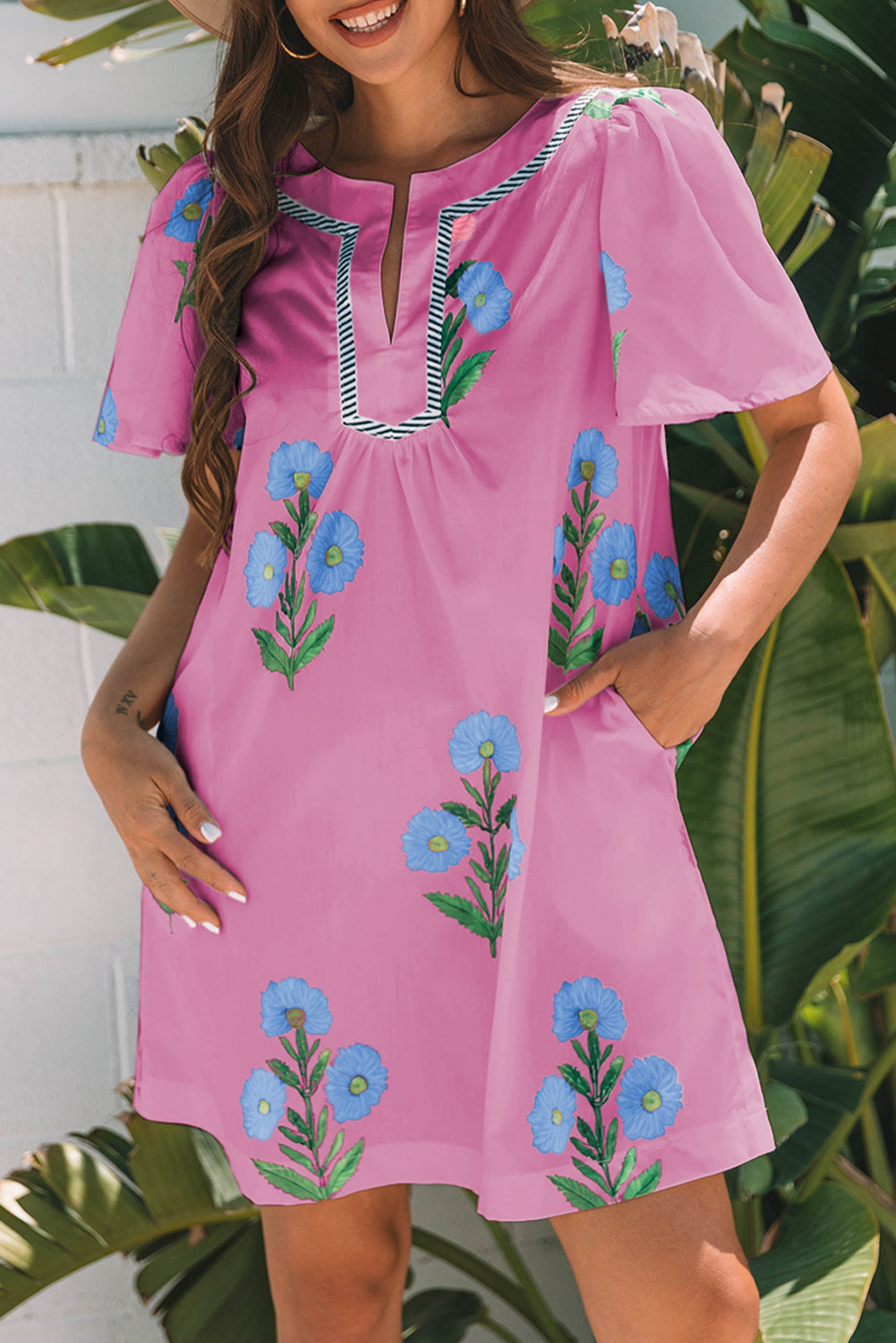 Blue floral à manches courtes couche divisée mini robe lâche