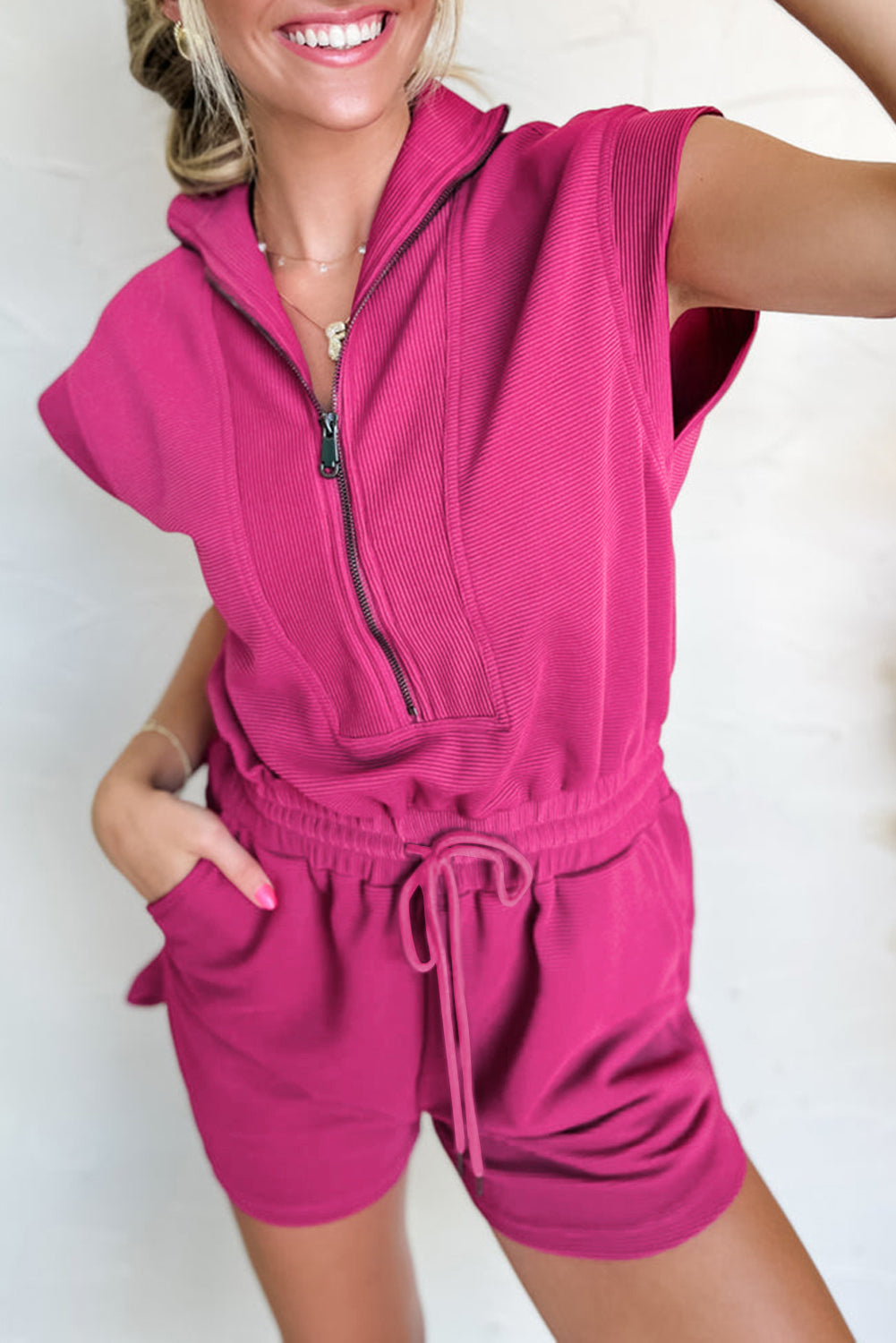 Combinaison femme à cordon, zip, manches courtes, taille élastique — rouge rose