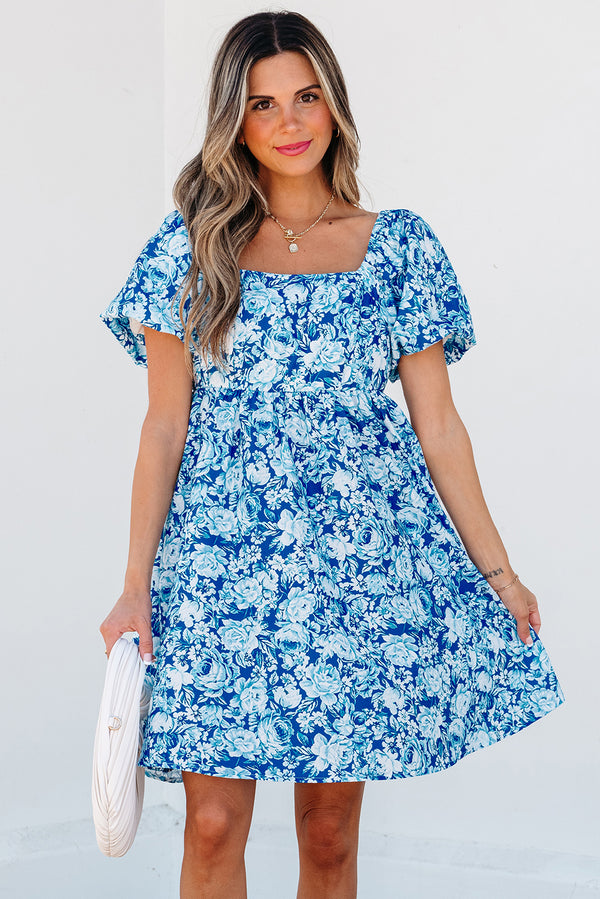 Robe courte femme floral, manches bouffantes — bleu