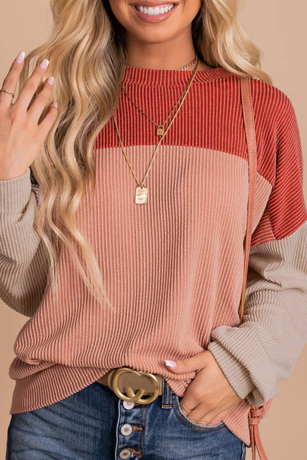 Haut femme manches longues, ample, côtelé, colorblock — rouge feu