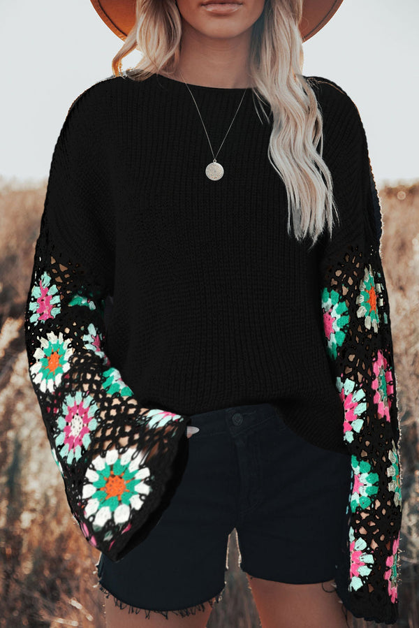 Pull femme floral, ample — noir