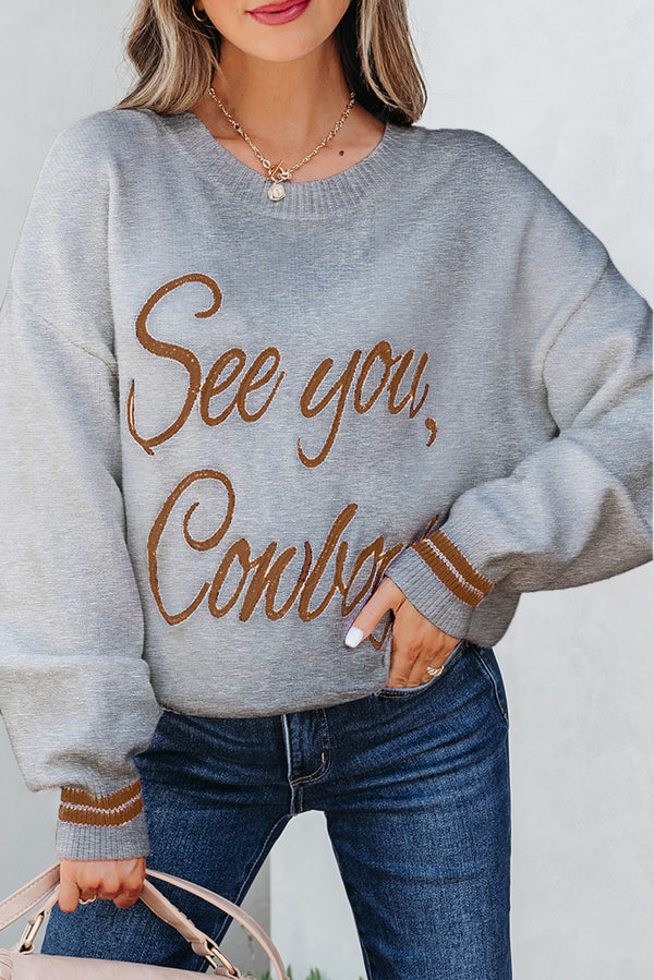 Pull femme brodé, graphique — gris clair