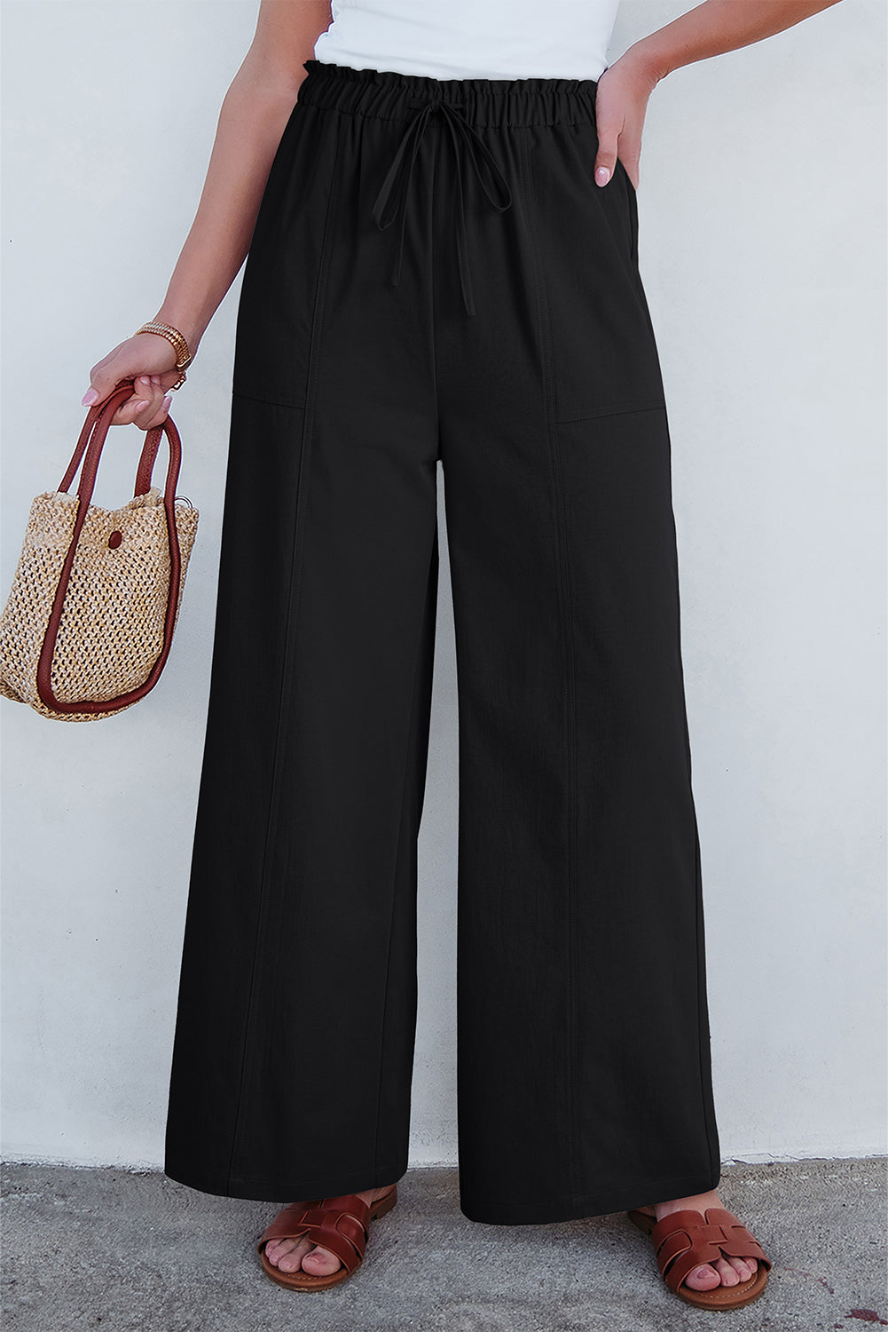 Pantalon femme à cordon, taille élastique, ample, casual, uni — noir