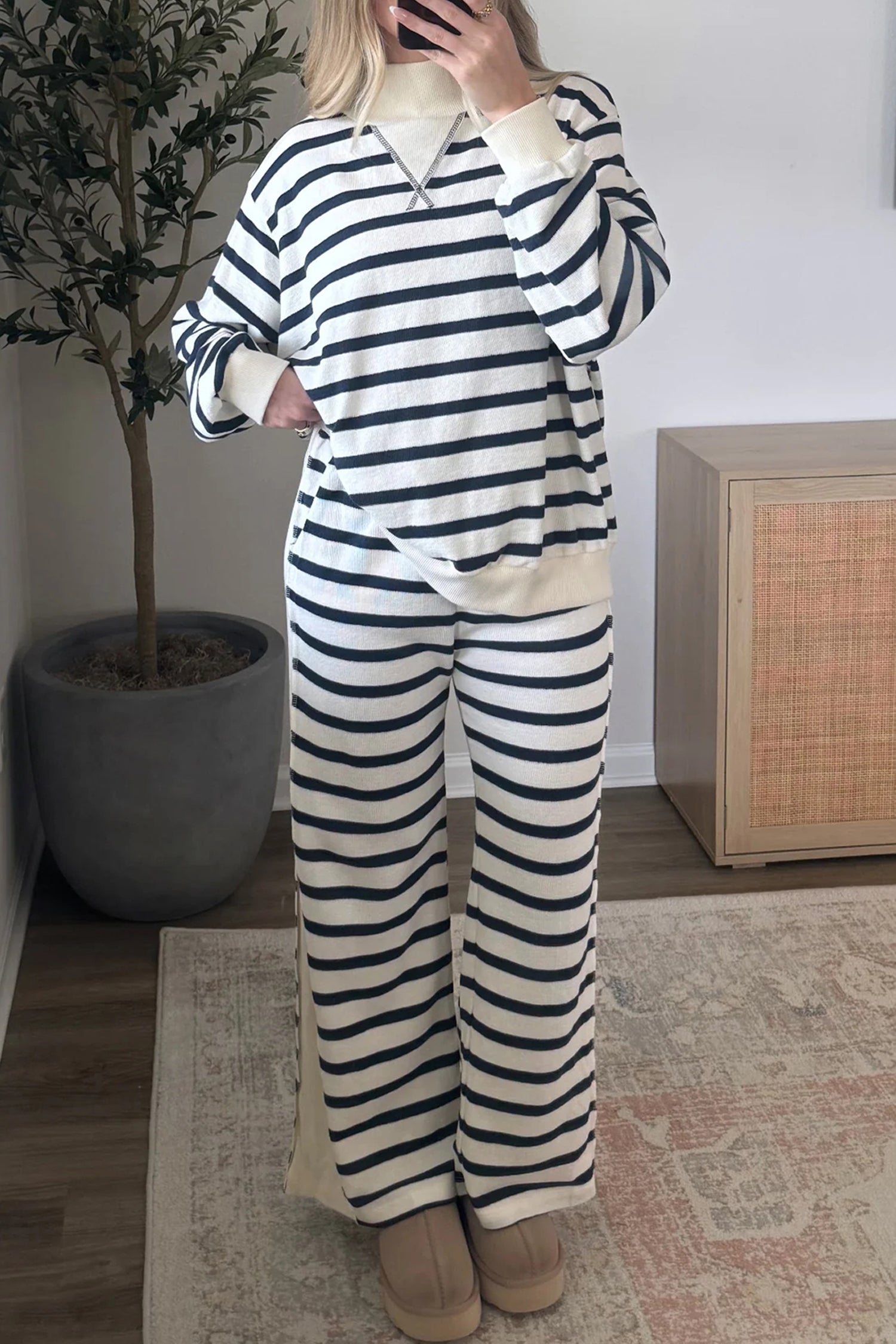 Pantalon femme rayé, poches, ample, côtelé — bleu