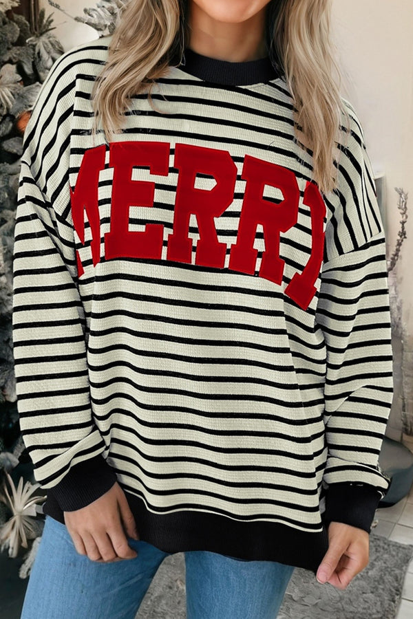 Sweat femme rayé, Noël, épaules tombantes — blanc