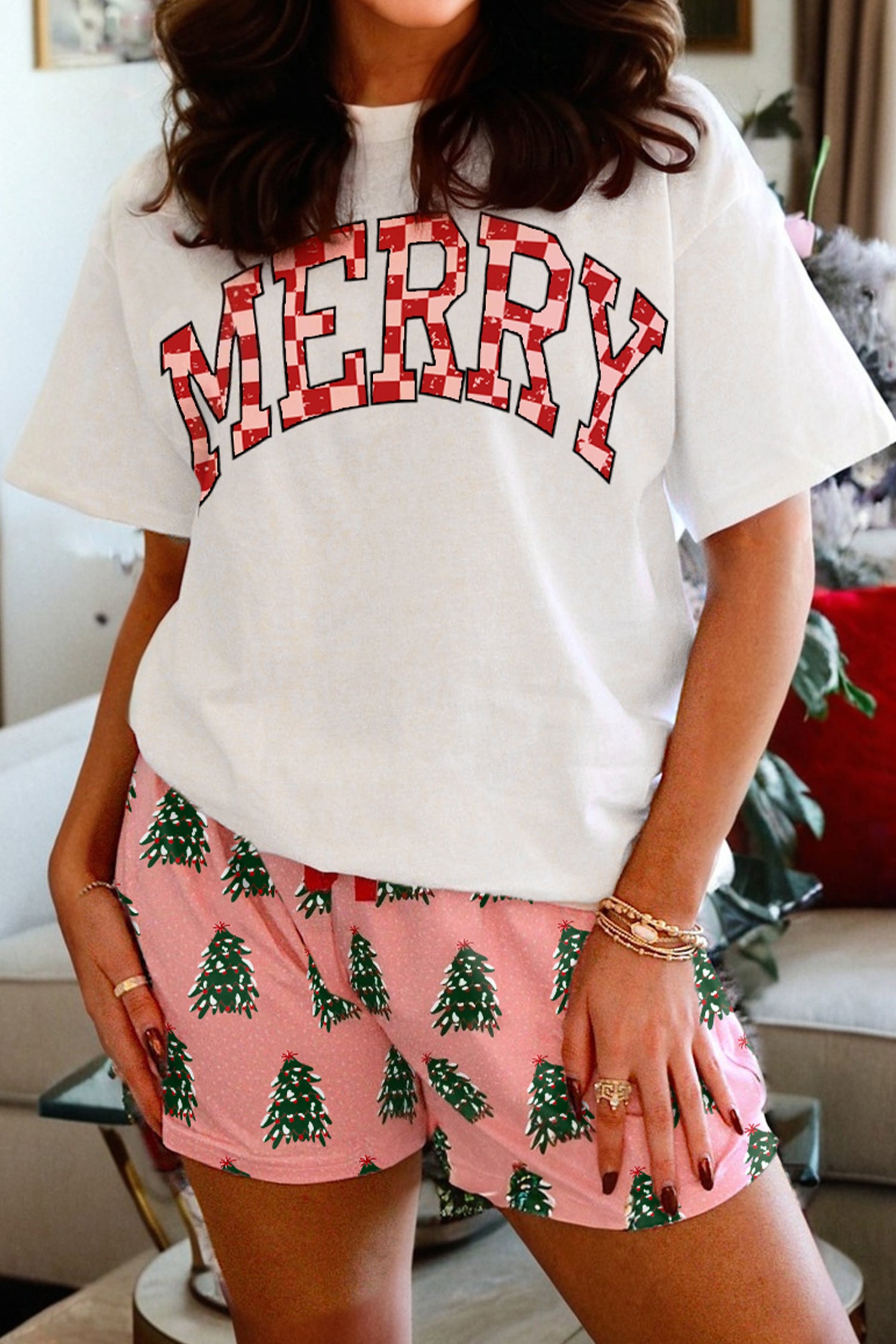 Short femme graphique, à carreaux, Noël — rose