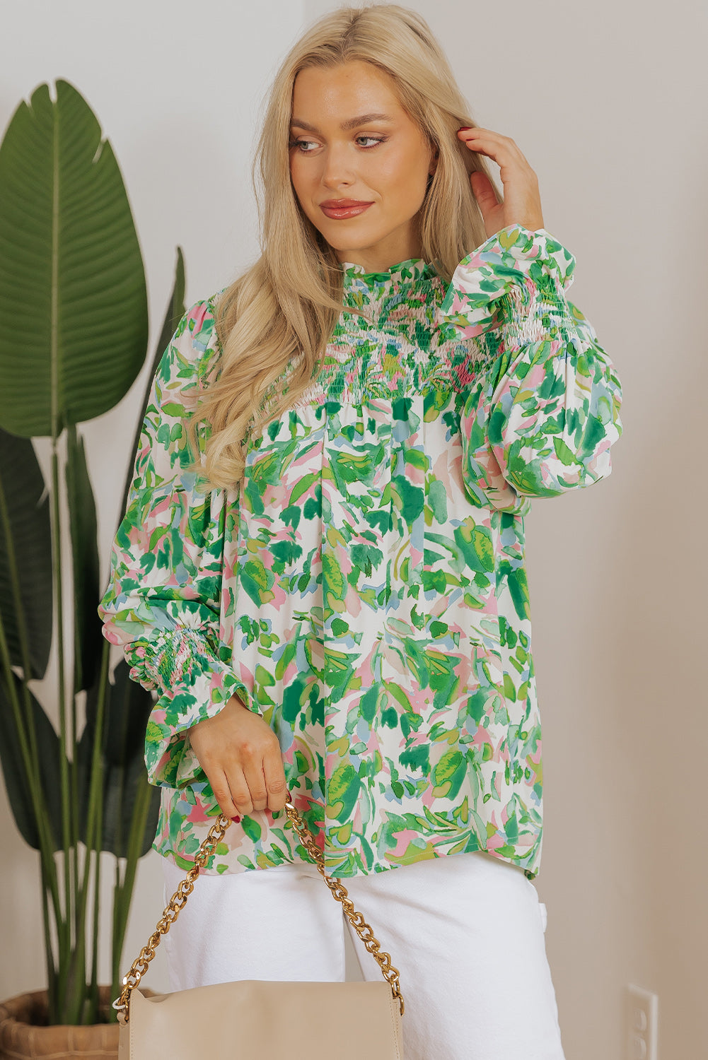 Blouse femme smocké, col montant — vert