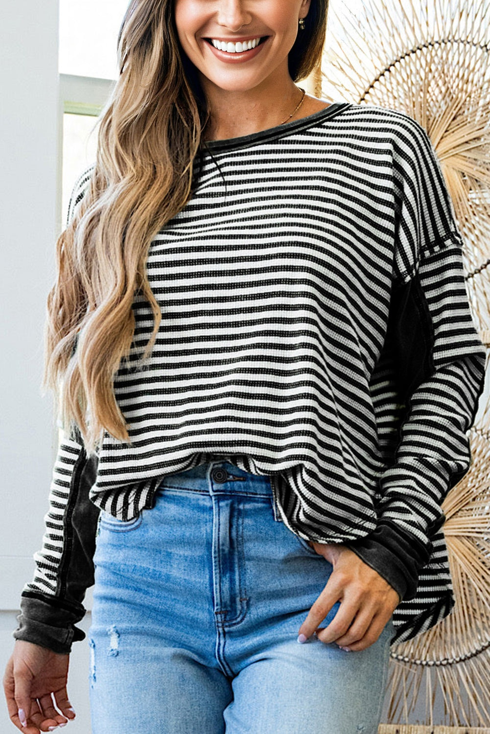 Haut femme rayé, en maille, épaules tombantes, casual — noir