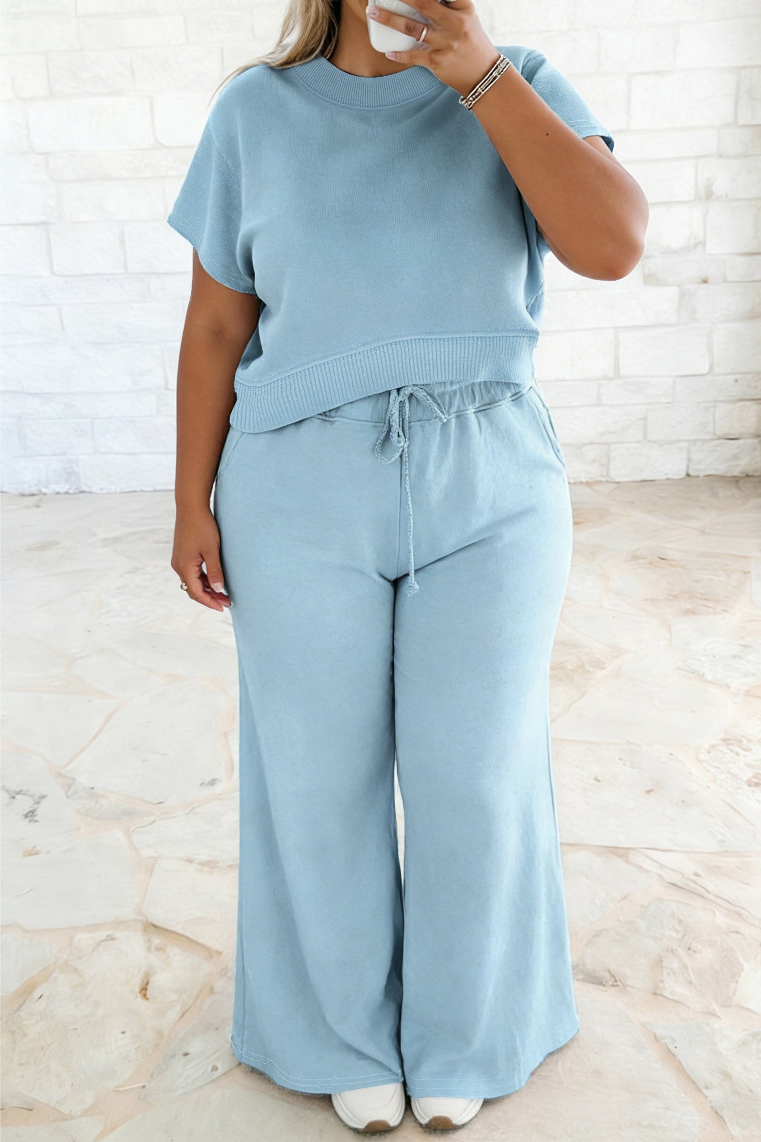 Ensemble femme à cordon, manches courtes, ample, uni, côtelé — bleu
