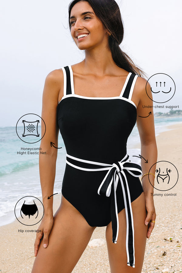 Maillot femme ceinturée, colorblock — noir
