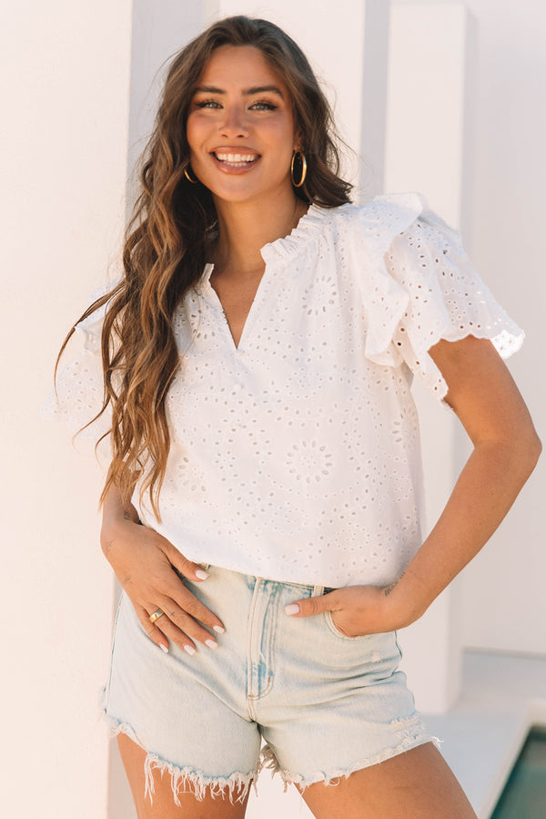 Blouse femme à volants, manches courtes — blanc