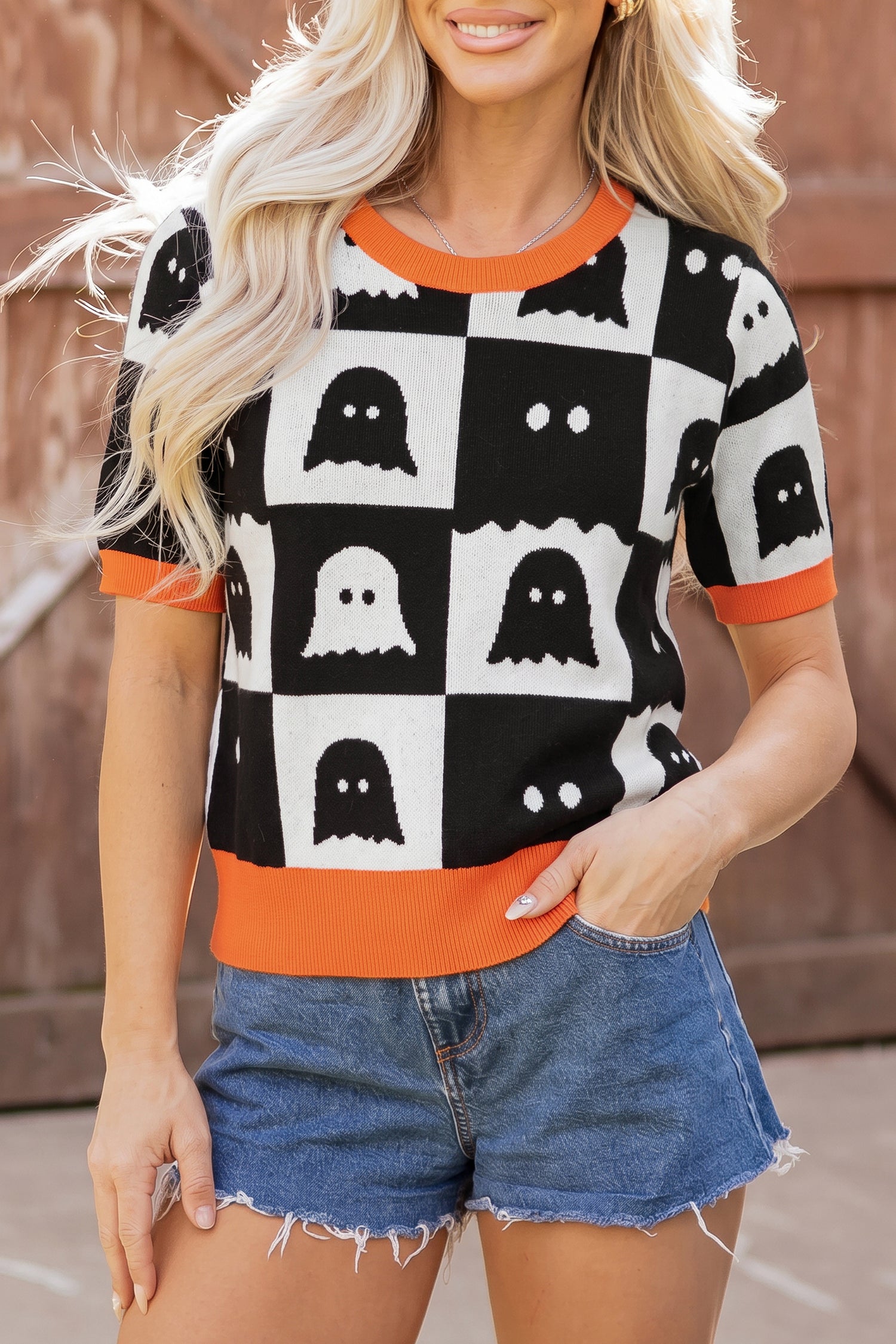 Pull femme en maille, manches courtes, colorblock — blanc