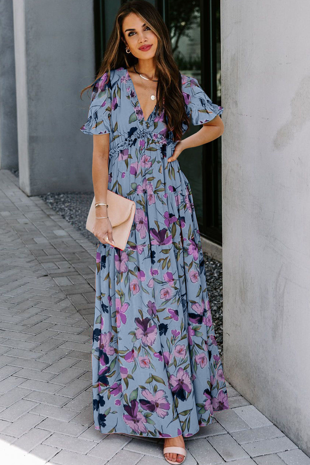 Robe longue à imprimé floral ardent et à volants, col en V, manches courtes, bleu ciel