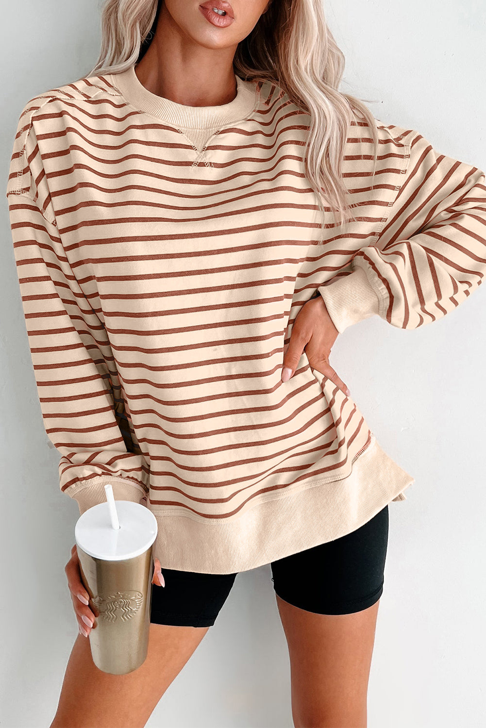 Sweat femme rayé, côtelé — kaki