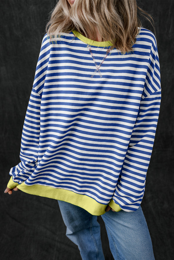 Sweat femme rayé, oversized, bordure contrastée — bleu