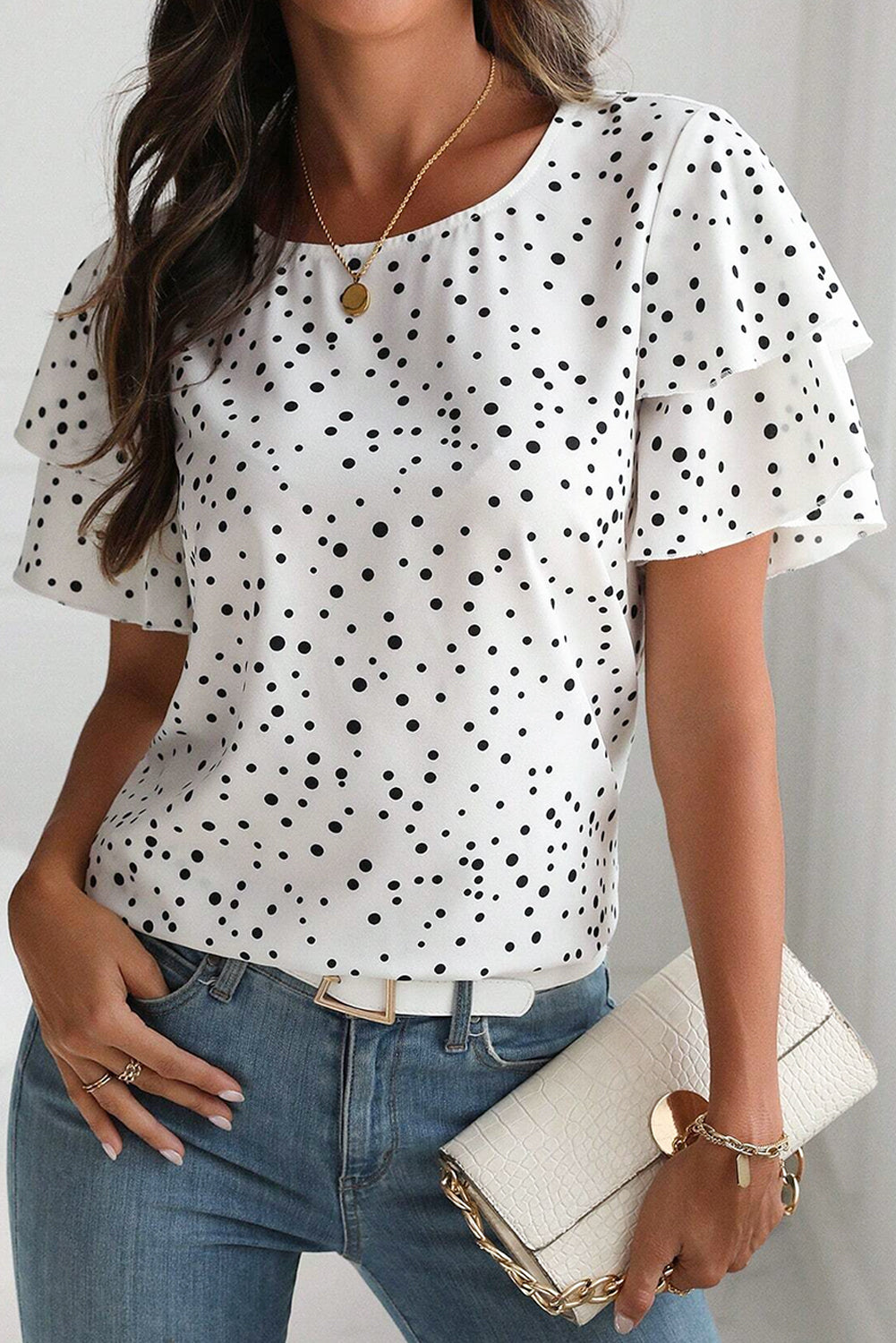 Blouse femme à volants, manches courtes — blanc
