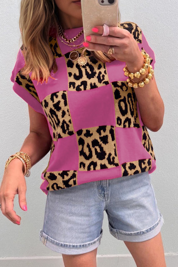 Pull femme léopard, en maille, manches courtes — rouge rose
