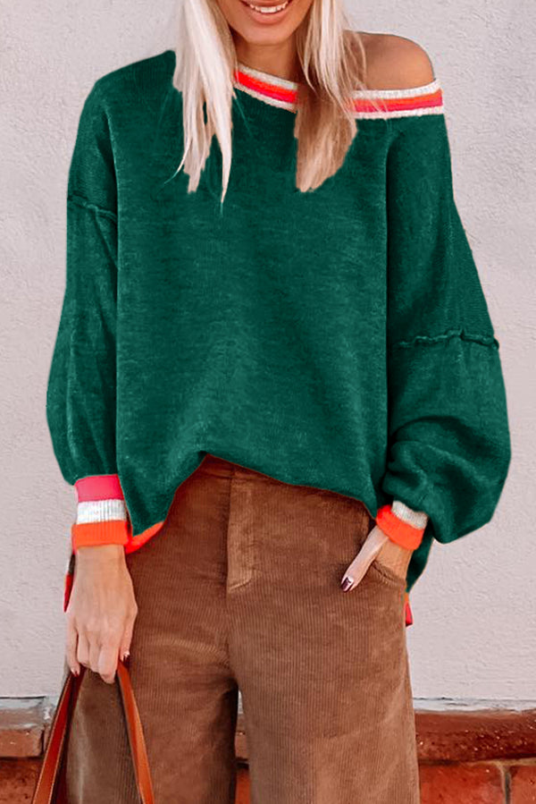 Pull femme rayé, épaules tombantes, colorblock — vert