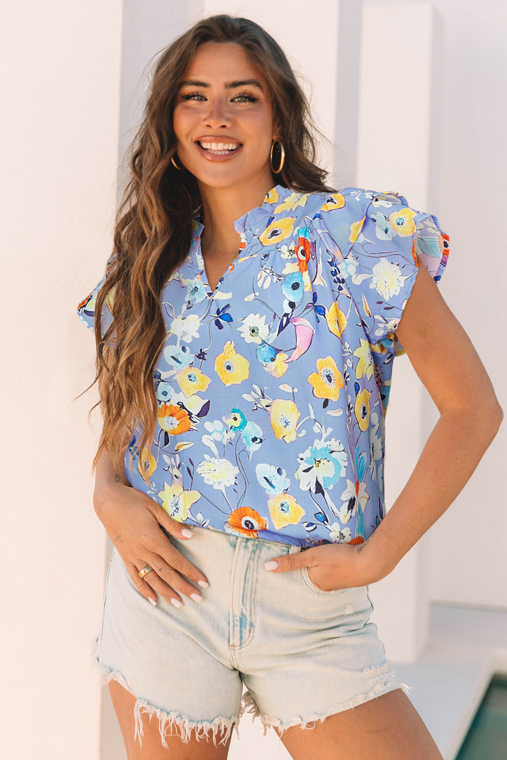 Haut femme floral, col V — bleu ciel