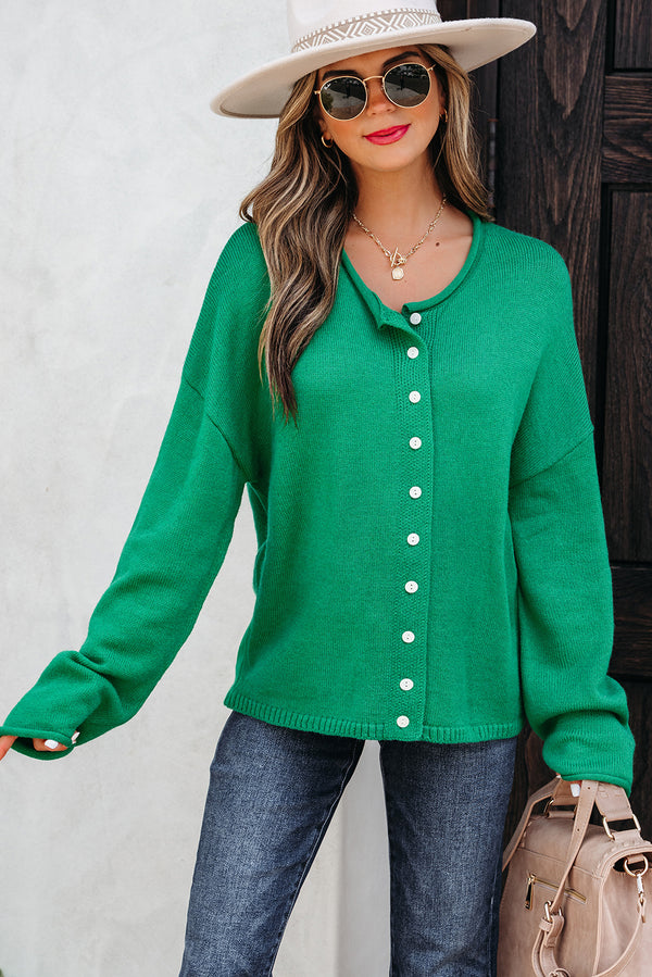 Bright Green Solid Color Knit Button Drop Shoulder Sweater Cardigan femme