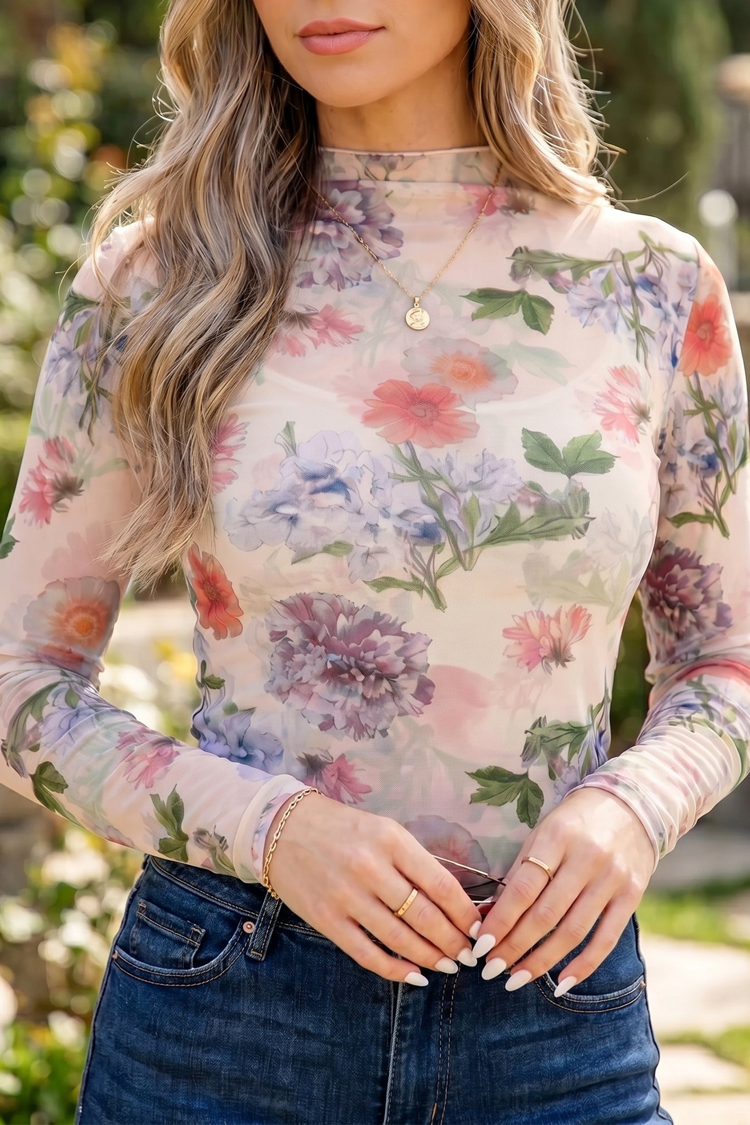 Haut femme floral, transparent, manches longues — abricot