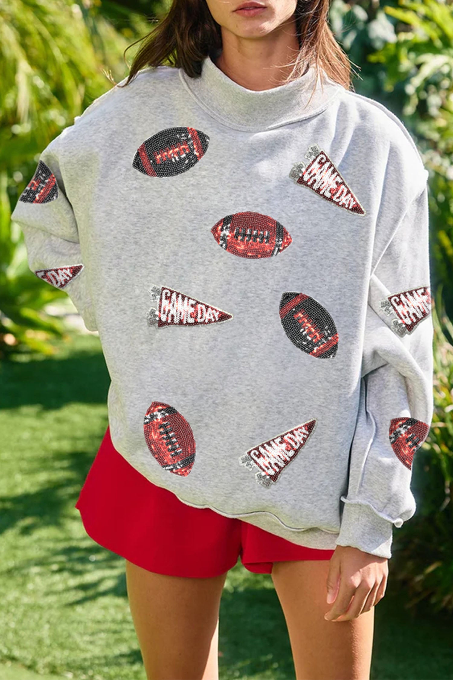 Sweat femme paillettes, col montant — gris clair