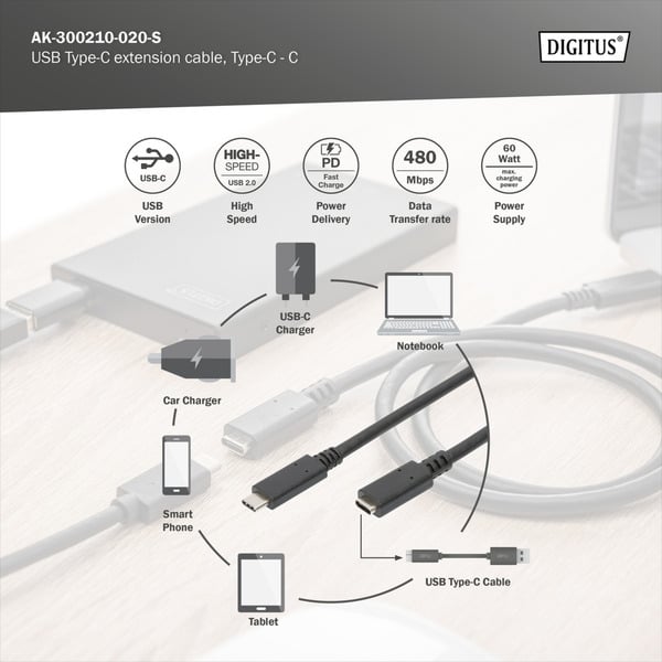 (€ 4,20 / 1 m) Digitus USB 2.0 Verlängerungskabel, USB-C Stecker > USB-C Buchse - Digitus - vue 7