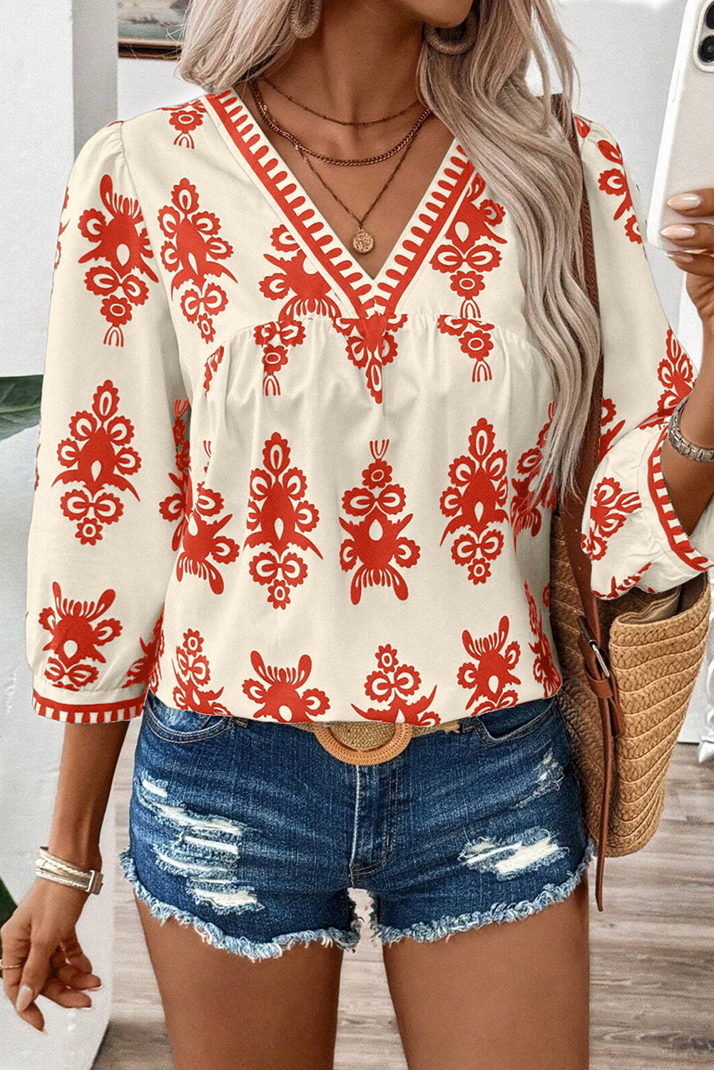 Blouse femme col V, vintage — orange