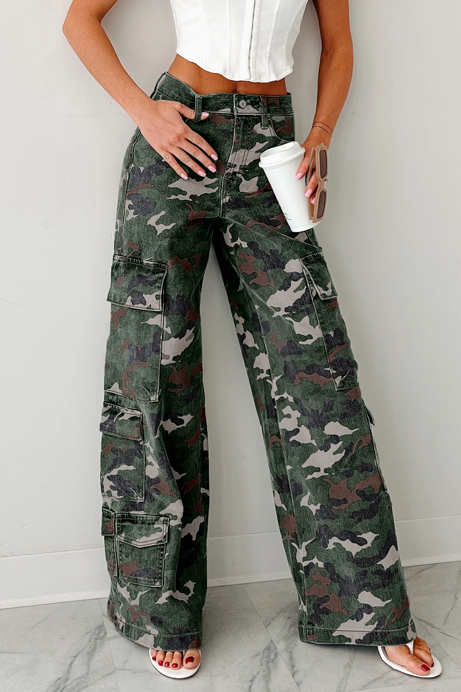 Pantalon femme camouflage, jambe large — vert-P10920