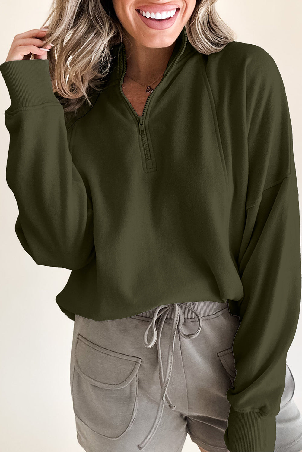 Sweat femme zip, épaules tombantes — vert