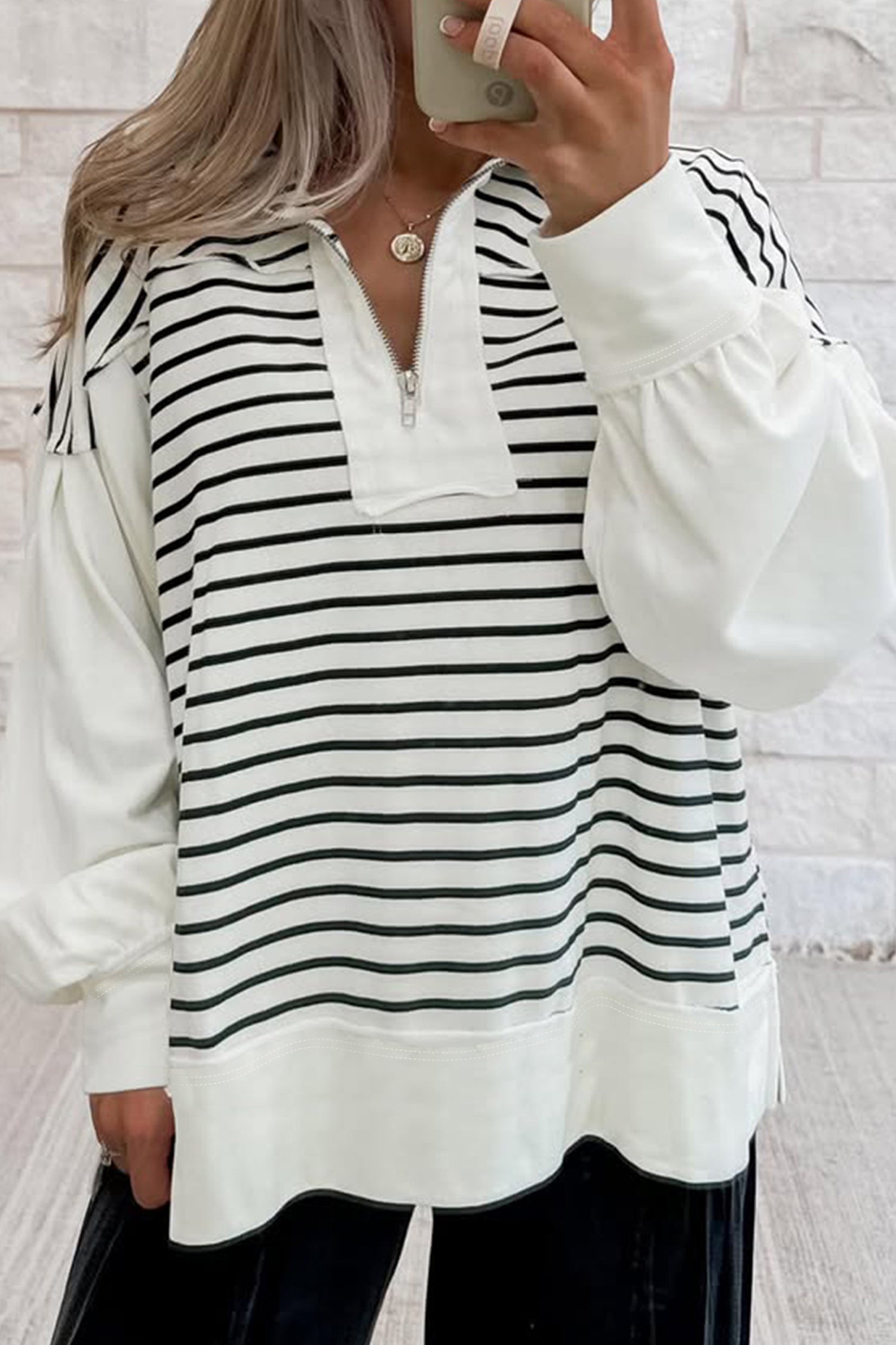 Haut femme rayé, zip, manches bouffantes, colorblock — blanc