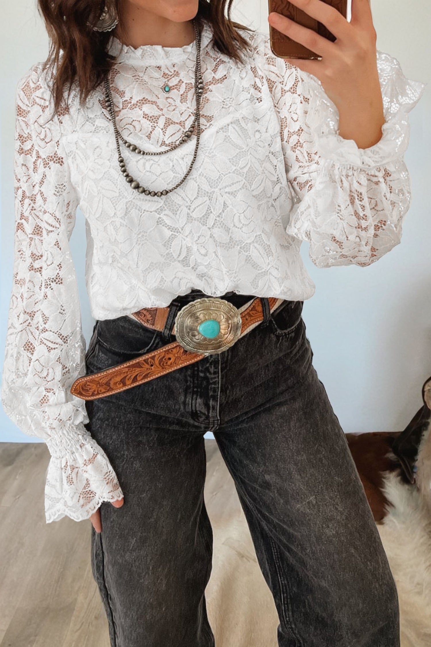 Blouse femme transparent, à volants, col rond — blanc