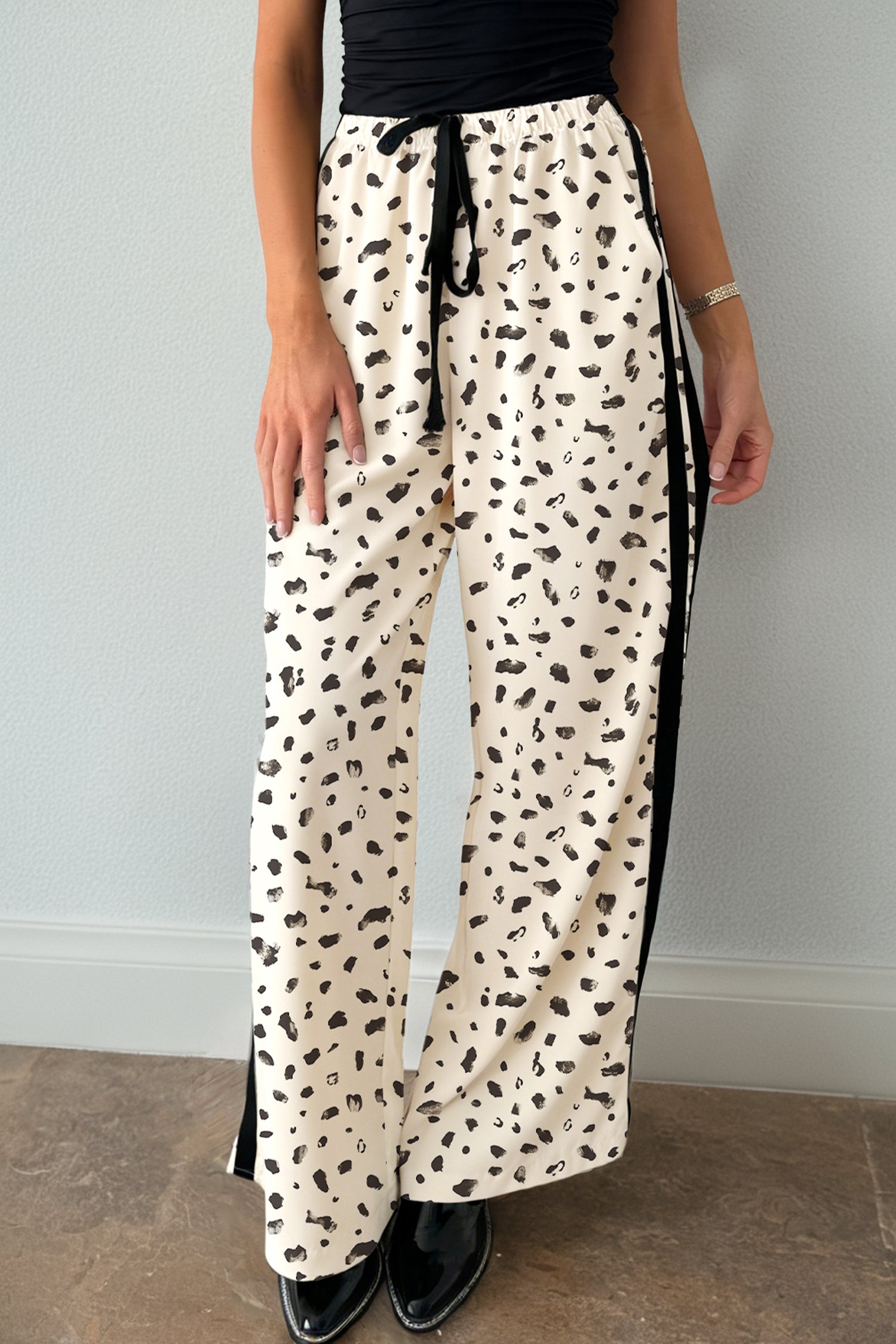 Pantalon femme léopard, rayé, à cordon, ample — beige