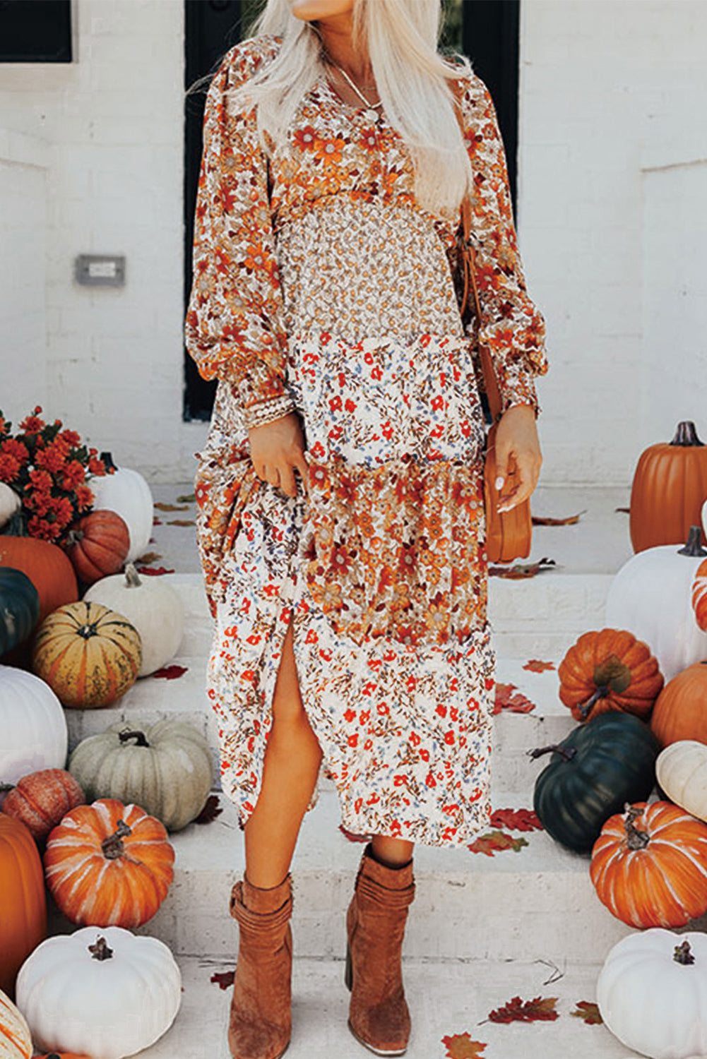 Robe midi femme floral, à volants, à étages, manches longues, col V, midi — kaki