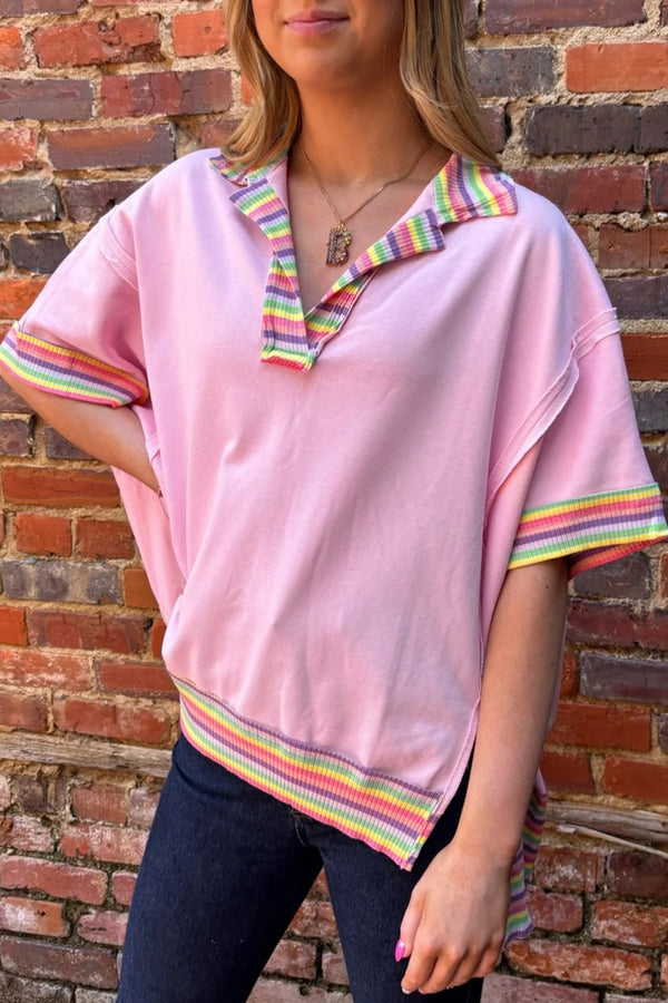T-shirt femme rayé, patchwork, côtelé — rose