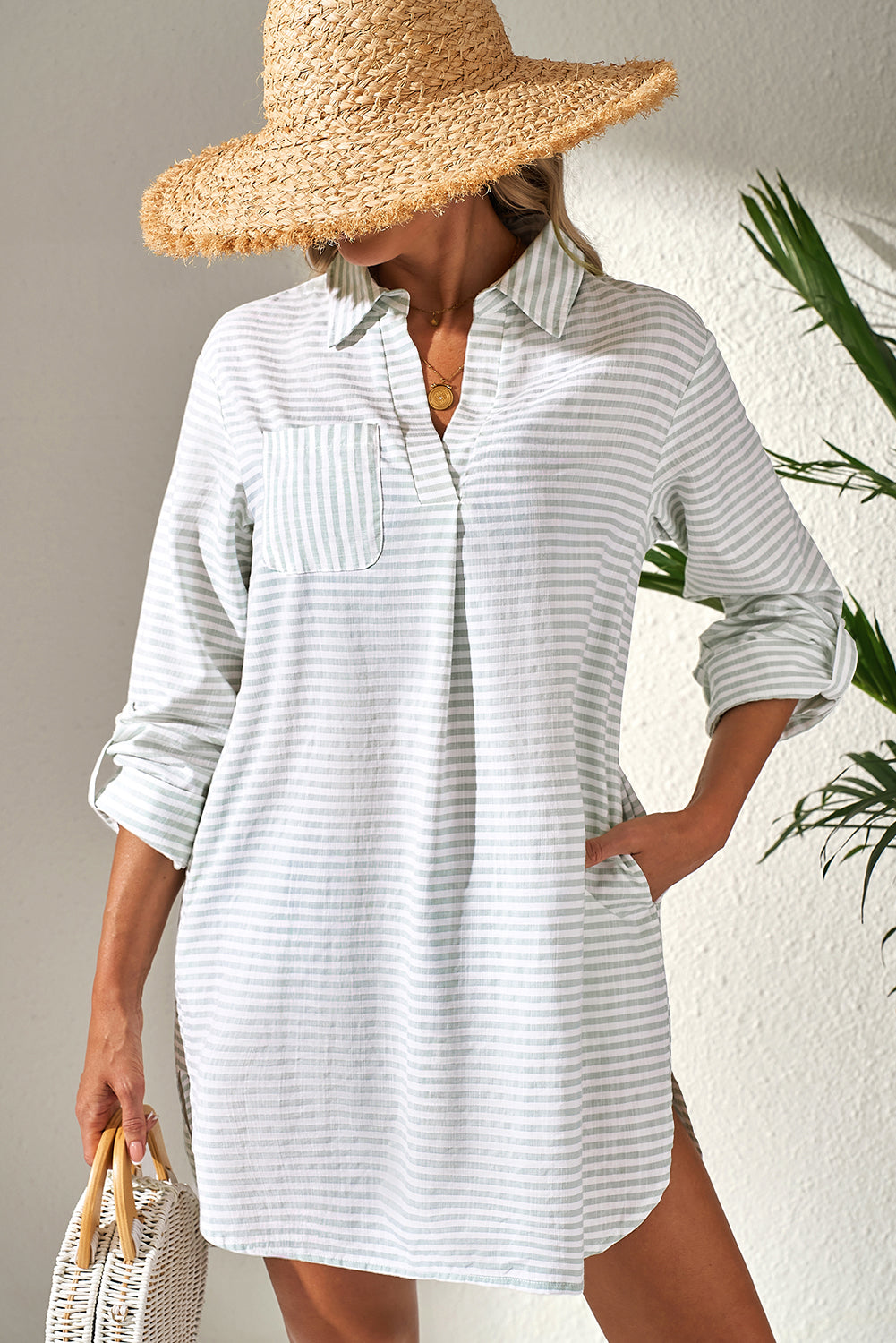 Pièce mode femme rayé, poches, manches longues, col V — blanc