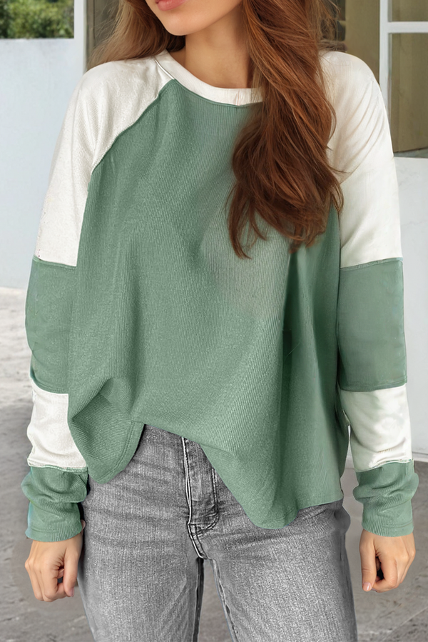 Haut femme patchwork, manches longues, côtelé, colorblock — vert