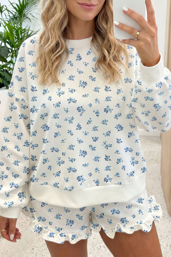Ensemble femme floral, à volants, manches longues, taille élastique — bleu ciel
