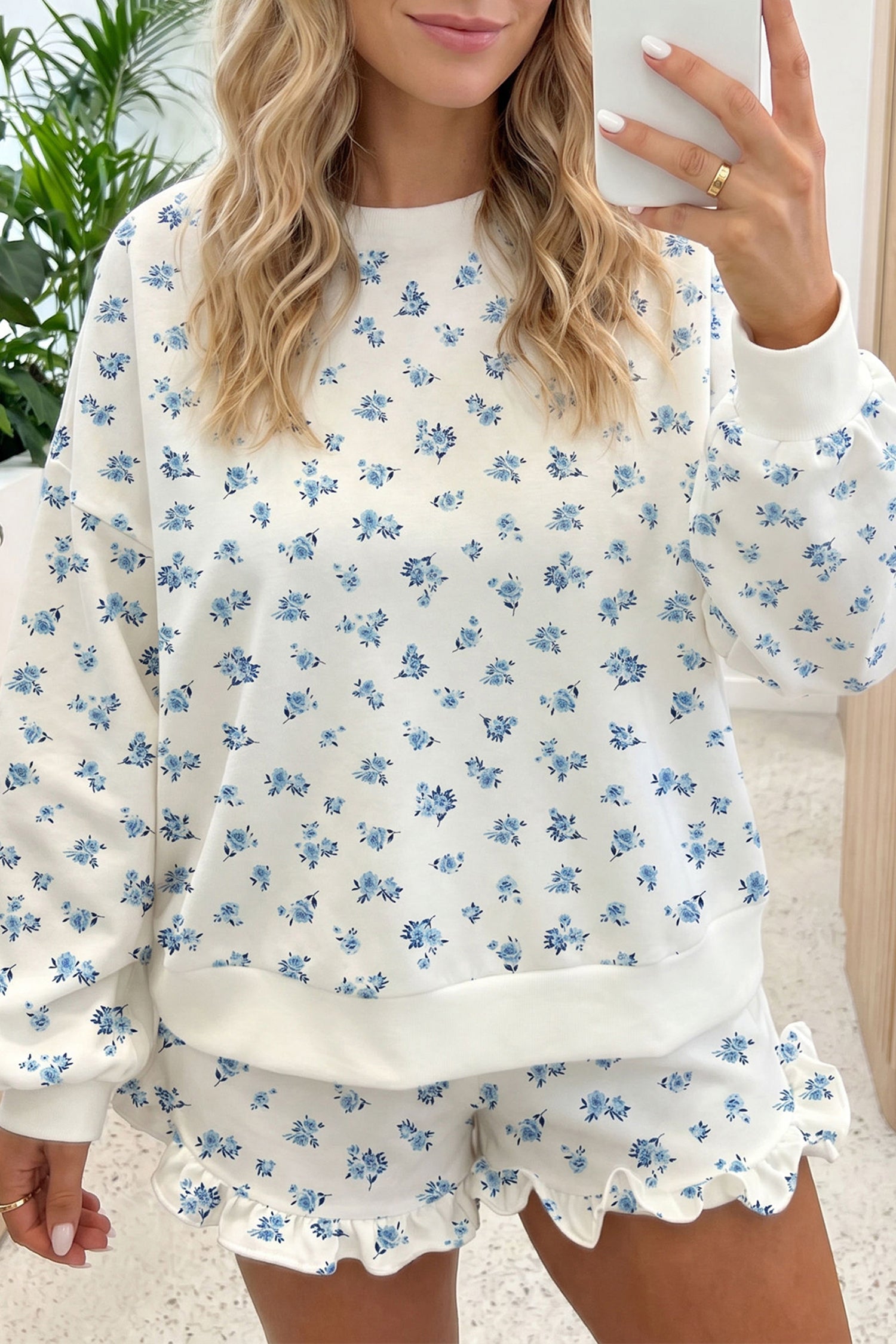 Ensemble femme floral, à volants, manches longues, taille élastique — bleu ciel