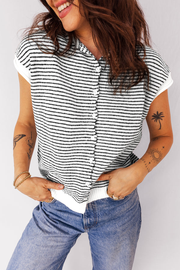 Cardigan femme rayé, boutonnée, casual, bordure contrastée — noir