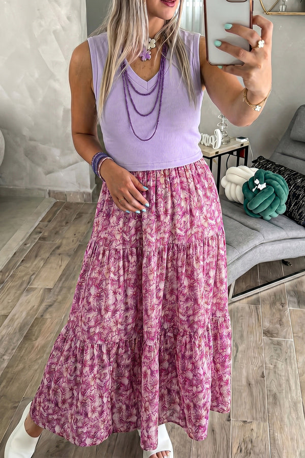 Robe femme floral, patchwork, col V, côtelé — violet