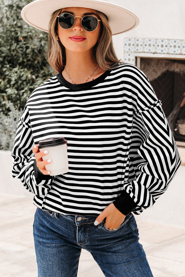 Pull femme rayé, épaules tombantes, casual — noir