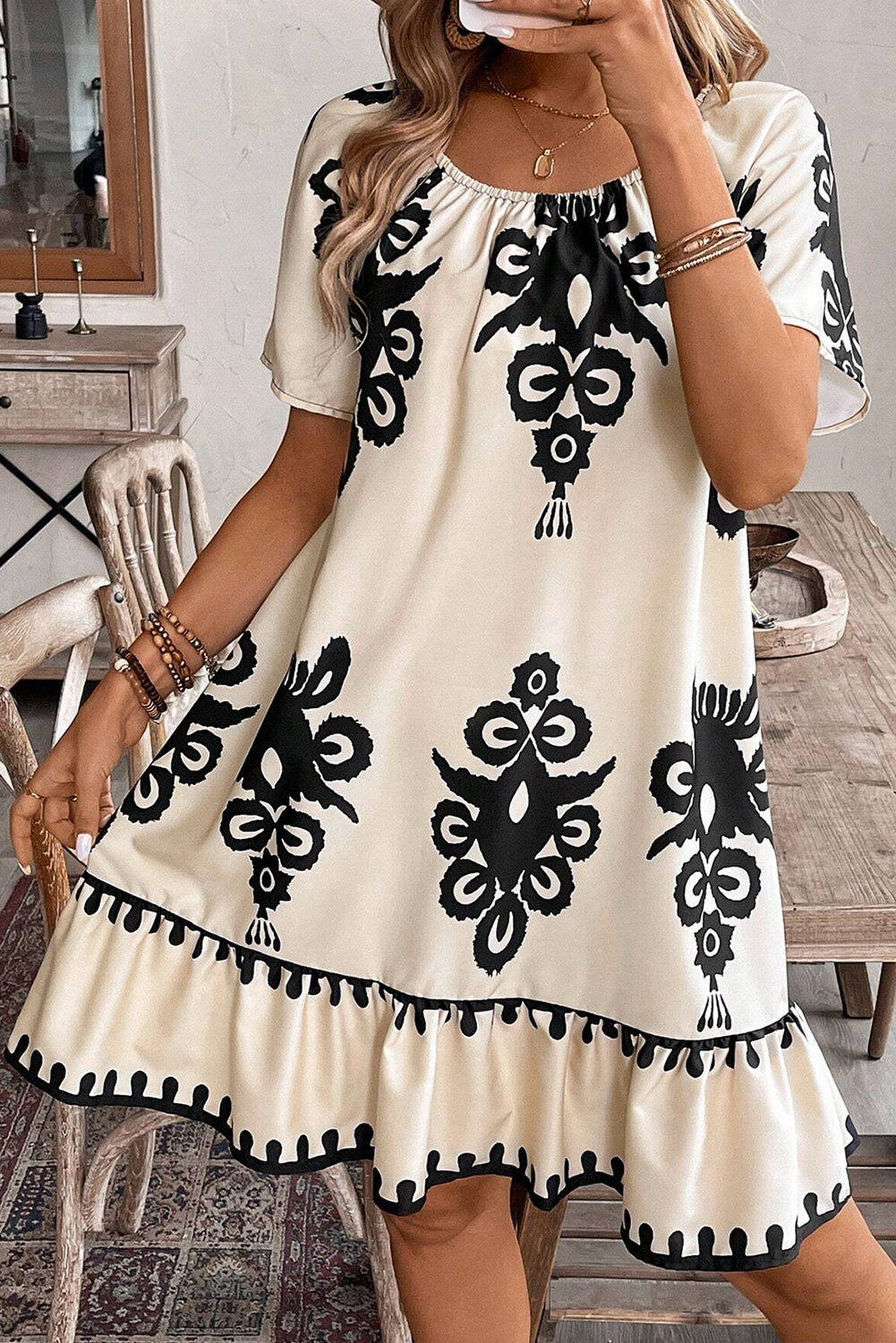 Robe femme à volants, manches courtes, ample — abricot
